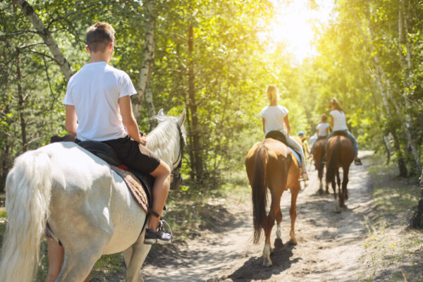group-teenagers-horseback-riding-summer-park